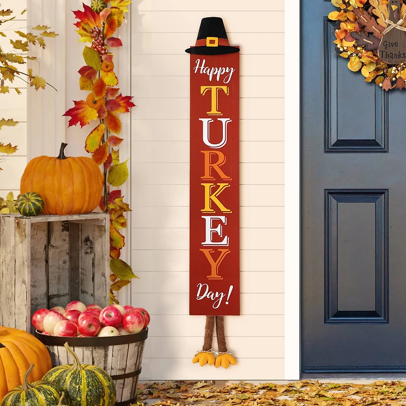 Glitzhome® 58.5" Thanksgiving Wood "HAPPY TURKEY DAY" Porch Sign