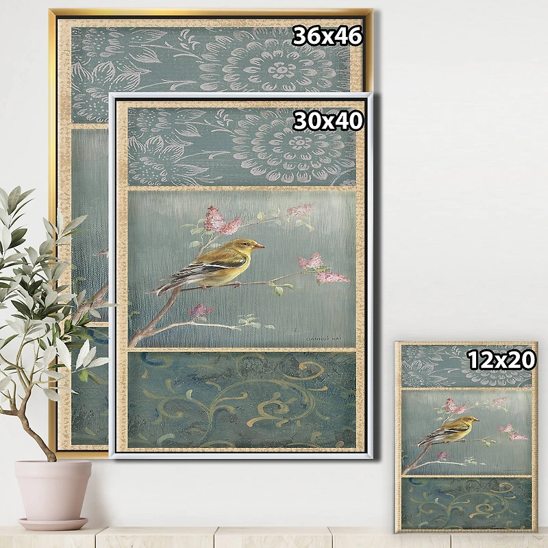 Designart - Farmhouse Triptych of Blue Ornaments And Chickadee Goldfinch
