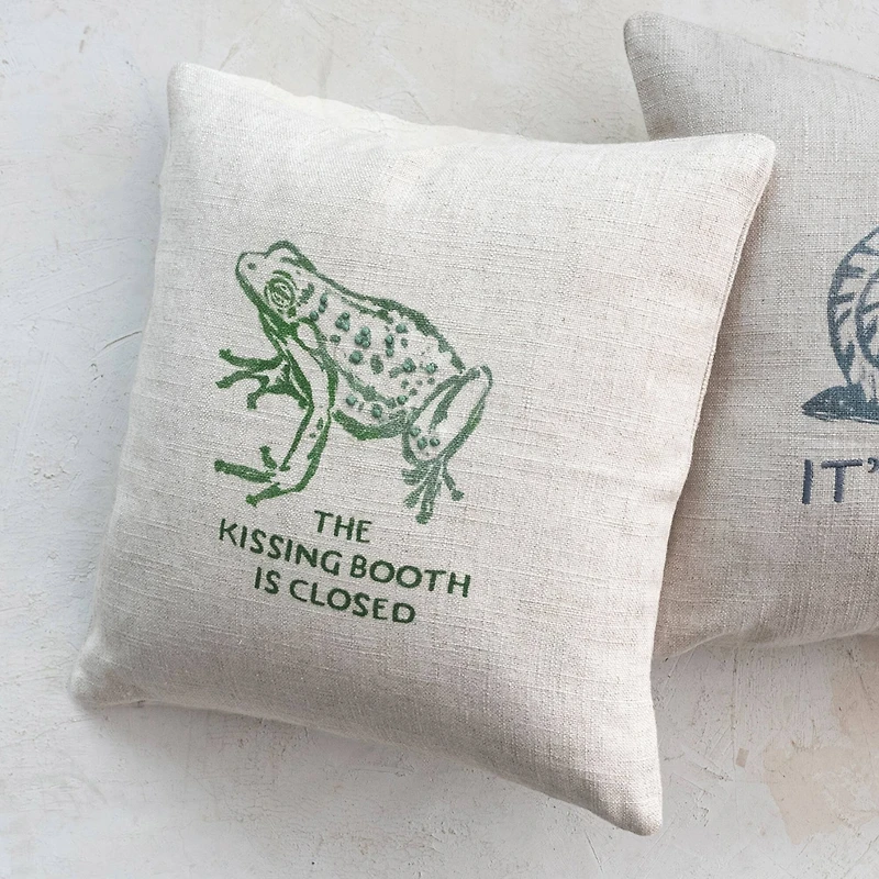 Hello Honey® Natural & Green Frog "The Kissing Booth is Closed" Linen Blend Pillow with French Knots