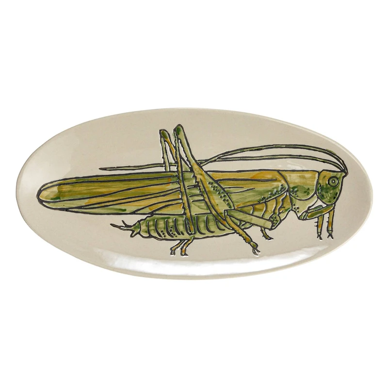 Hello Honey® 11.5" Green & White Hand-Painted Grasshopper Stoneware Plate