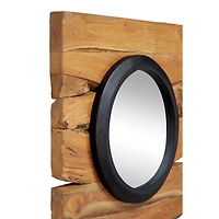 Set of 4 Brown Teak Wood Rustic Floral Wall Mirror, 18" x 18"