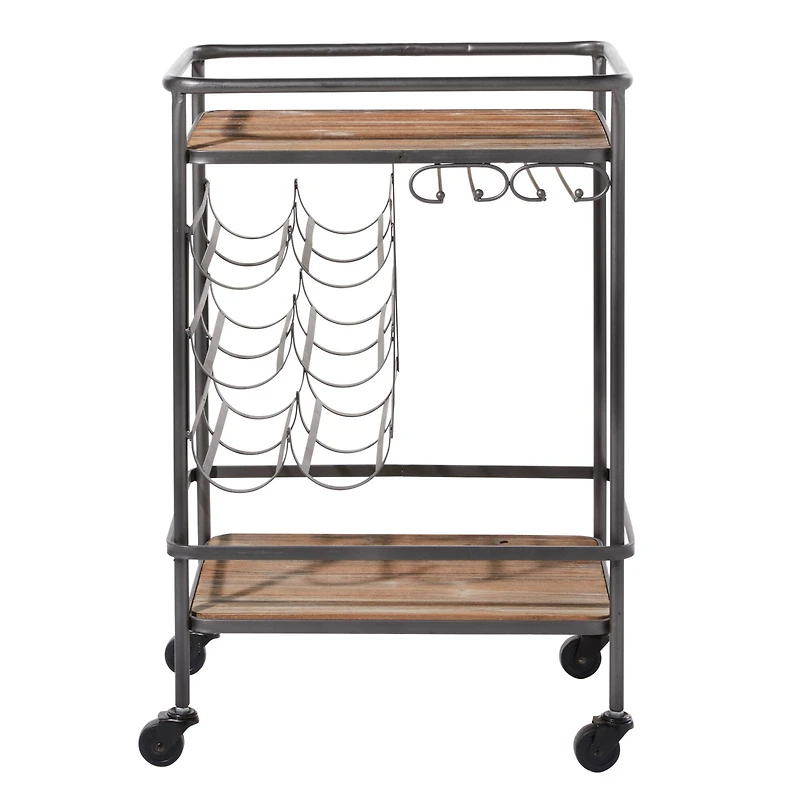 2-Tier Brown Chinese Fir and Metal Industrial Bar Cart