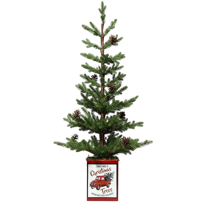 24" Unlit Fir Artificial Christmas Tree with Pinecones in Red Metal Pot
