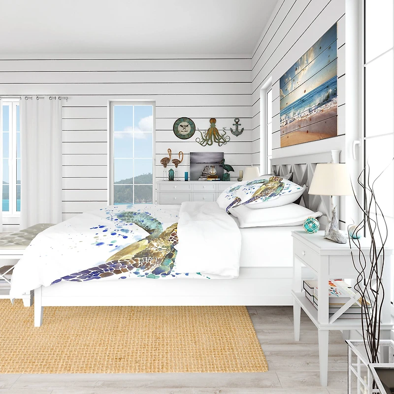 Designart Blue Sea Turtle Illustration Nautical & Coastal Duvet Cover Set