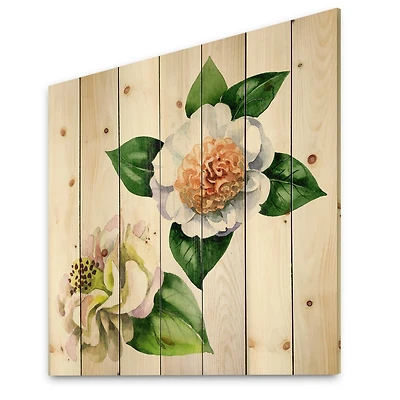 Designart - Vintage White Camellia Flowers With Green Leaves