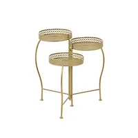 20" Gold Metal Curved Folding 3 Tier Plantstand with Floral & Scroll Patterns