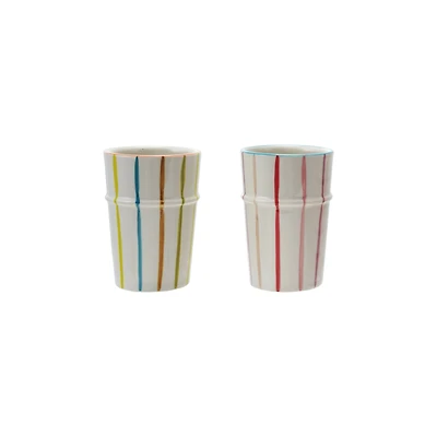Hello Honey 6-Piece Hand-Painted Stoneware Striped Cup with Colored Rim, Multicolor