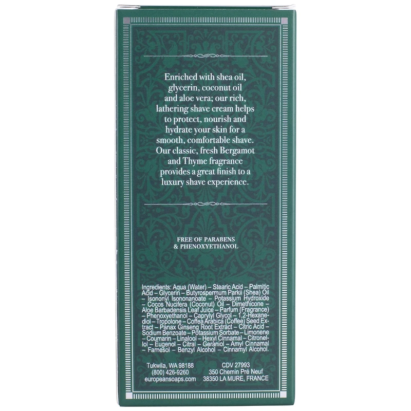 European Soaps Bergamot & Thyme Men's Shave Cream with Shea, 75mL