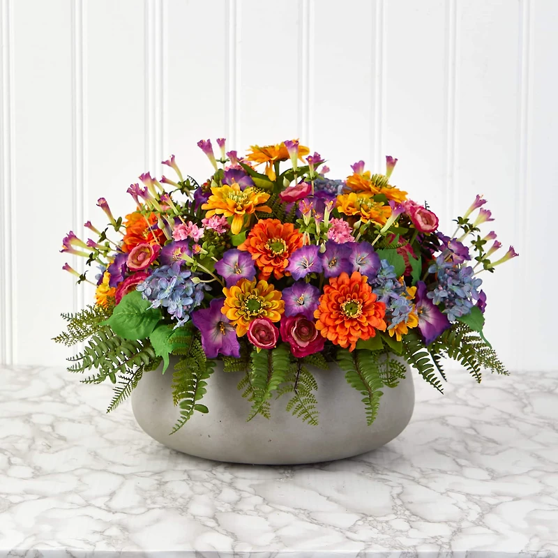 16" Mixed Floral Plant in Gray Garden Planter