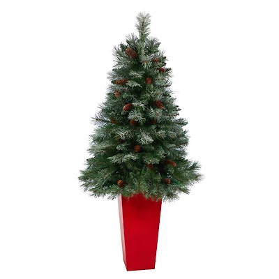 55" Unlit Snowed French Alps Mountain Pine Artificial Christmas Tree In Red Tower Planter