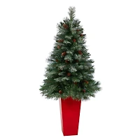 55" Unlit Snowed French Alps Mountain Pine Artificial Christmas Tree In Red Tower Planter