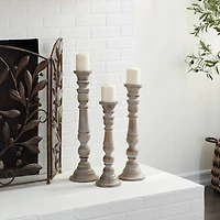 Light Brown Mango Wood Traditional Candle Holder Set, 3ct.