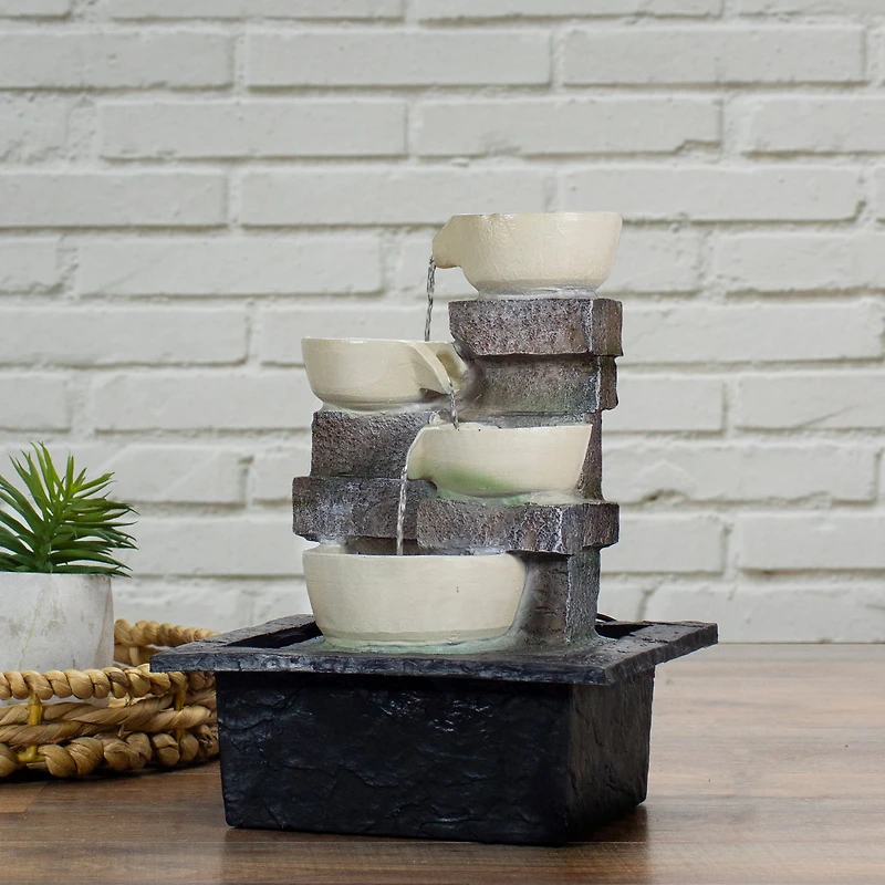 11" Indoor Tabletop LED Lighted Cascading 4-Tier Water Fountain Bowl