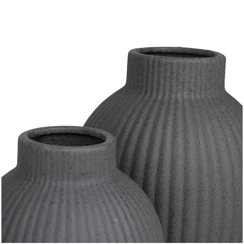 CosmoLiving by Cosmopolitan Black Ceramic Ribbed Vase Set of 2 11", 9"