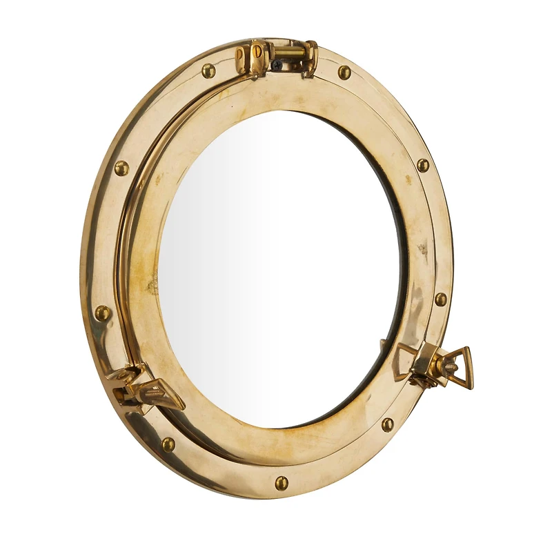 The Novogratz Gold Brass Sail Boat Wall Mirror with Port Hole Detailing 12" x 2" x 12"