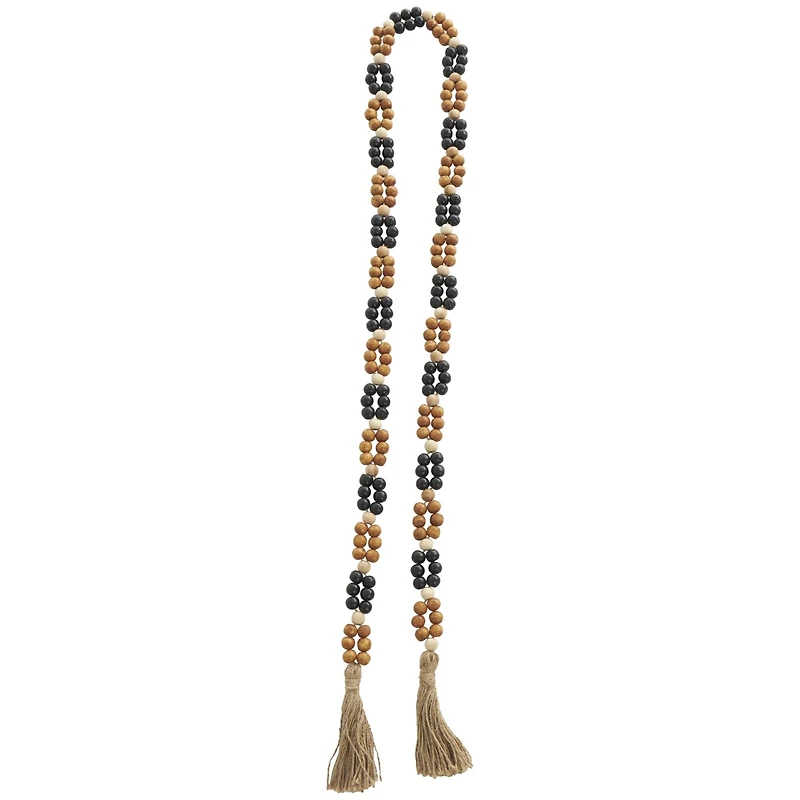 80" Handmade Mango Wood Round Double Layered Carved Bead Garland with Tassels