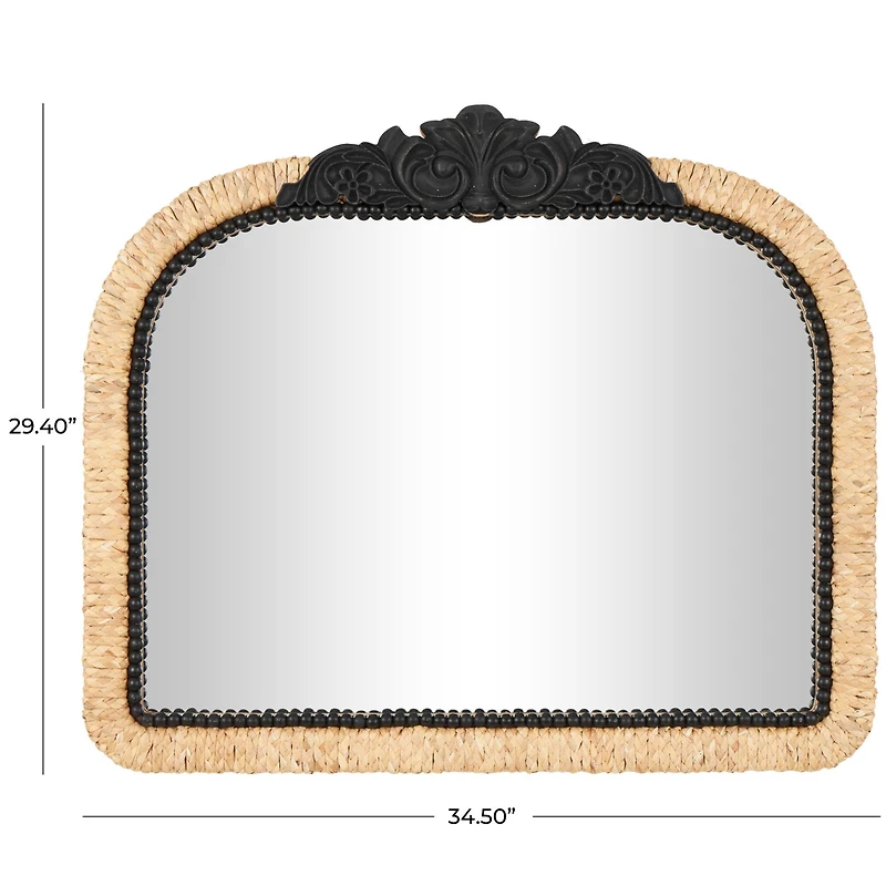 35" Brown & Black Woven Floral Rattan Wall Mirror with Beaded Detailing