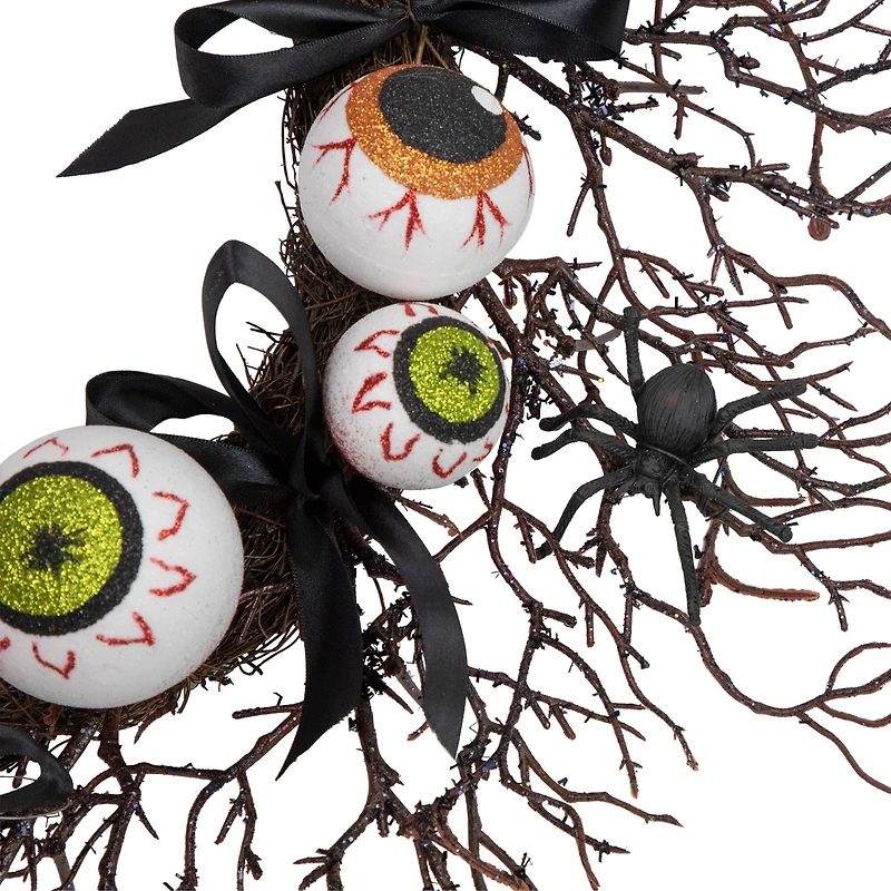 24'' Unlit Eyeballs and Spiders Halloween Twig Wreath