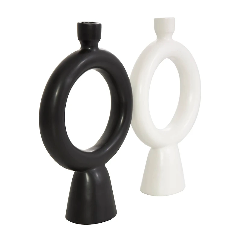 CosmoLiving by Cosmopolitan 12" Black & White Ceramic Geometric Ring Taper Candle Holder Set