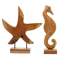 Set of 2 Brown Teak Wood Natural Sculpture 17", 18"