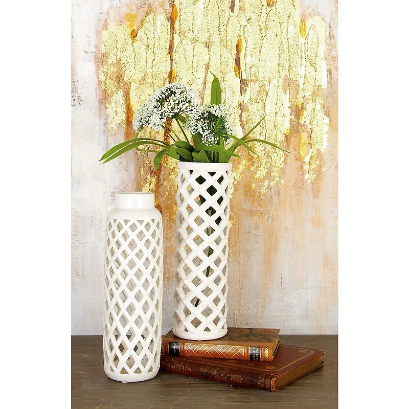 12" White Stoneware Modern Vase Set