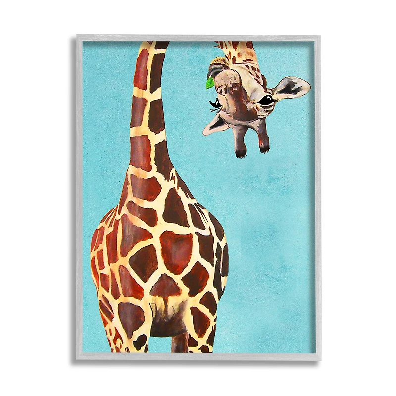 Stupell Industries Curious Upside Down Giraffe Chewing Leaves on Blue Background in Frame Wall Art