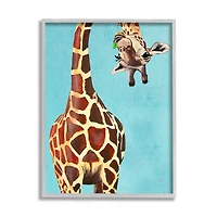 Stupell Industries Curious Upside Down Giraffe Chewing Leaves on Blue Background in Frame Wall Art
