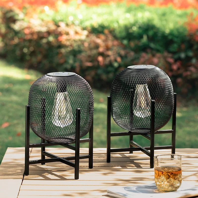 Glitzhome® 11.5" Metal Mesh Black Solar Powered Lantern with Stand, 2ct.