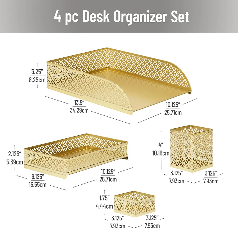 Mind Reader Gold Desk Organizer Set, Includes Pen Cup, Catchall Tray, File Box & Paper Tray, 4-Piece Metal Desktop Accessory Kit