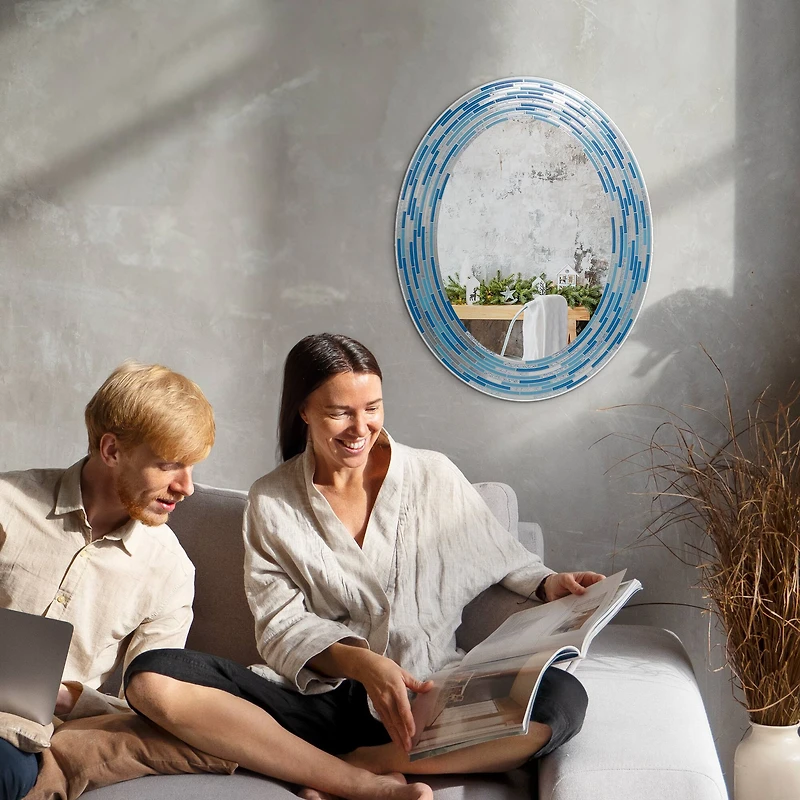 Head West Aqua/Blue3 Tile Framed Oval Wall Vanity Mirror - 23" x 29"