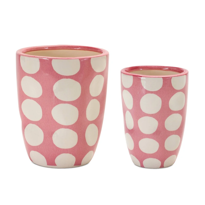 Pink Polka Dot Dolomite Vase Planter Set