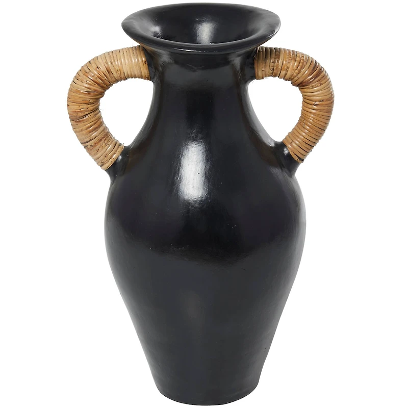 21" Black Ceramic Jug with Rattan Wrapped Handles
