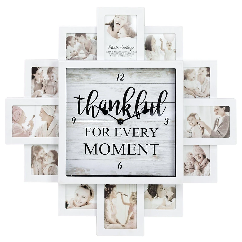 White Farmhouse Shabby-Chic "Thankful" Picture Frame Wall Collage Clock