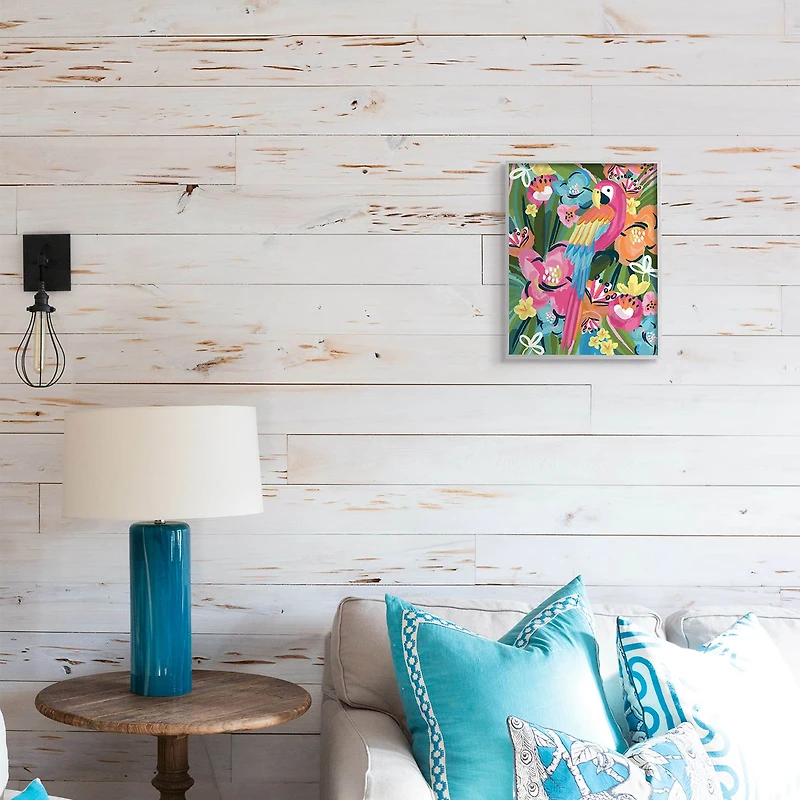 Stupell Industries Tropical Flowers and Parrot Whimsical Florals in Gray Frame Wall Art