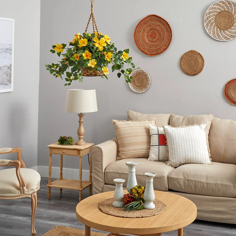 22" Yellow Hibiscus In Hanging Basket