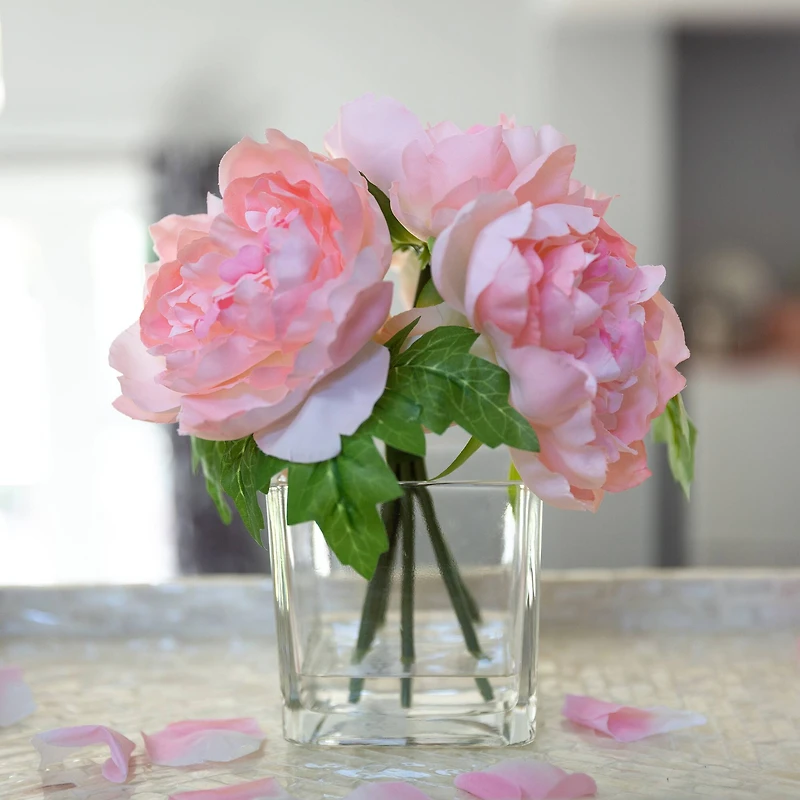 Flora Bunda® 8" Pink Peony Arrangement in Glass Pot
