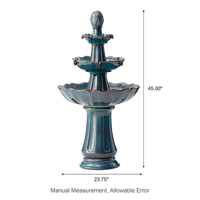 Glitzhome® 45" 3-Tier LED Turquoise Pedestal Lotus Ceramic Outdoor Floor Fountain