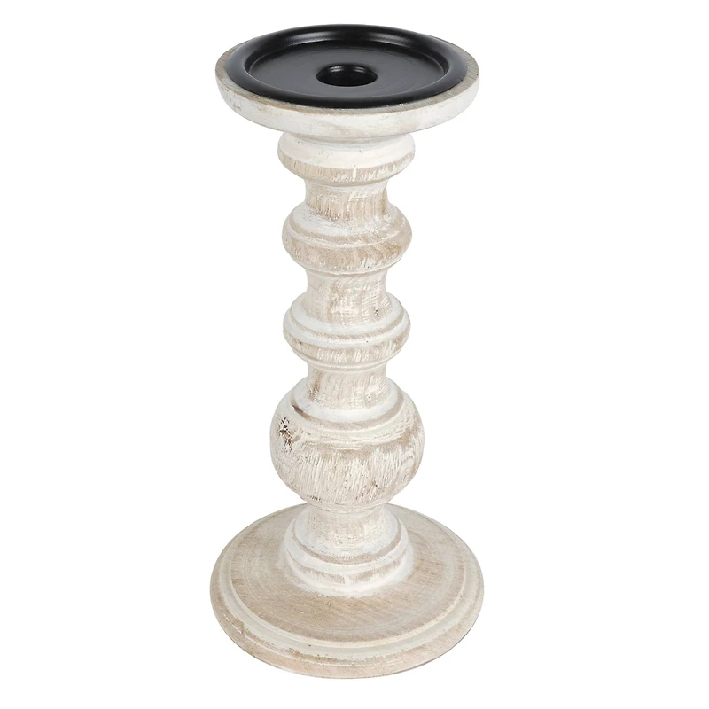 Whitewashed Wood Carved Pillar Candle Holder by Ashland