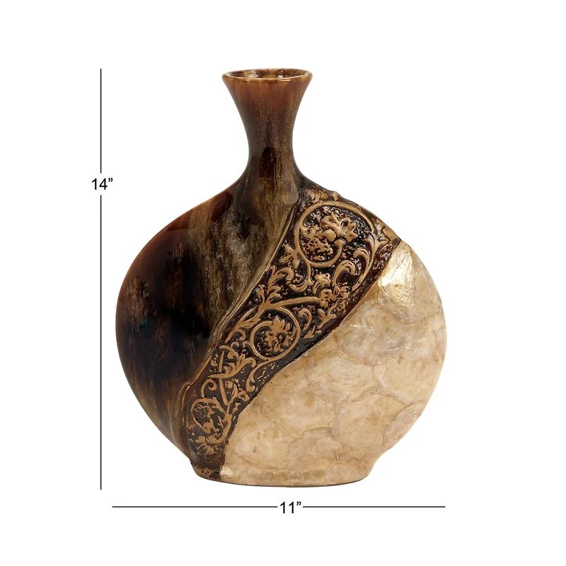 Brown Ceramic Traditional Vase, 14" x 11" x 3"