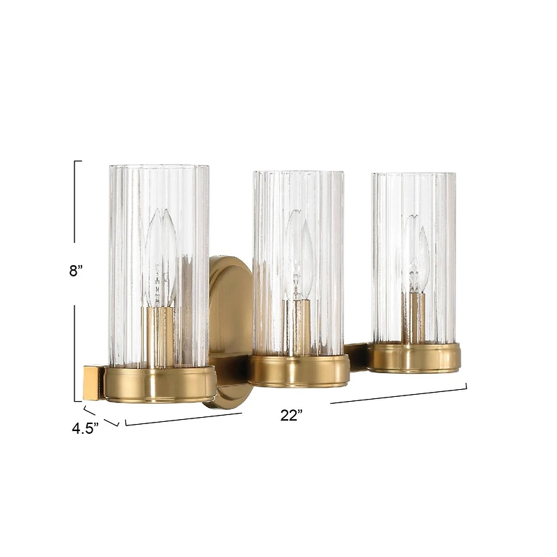 Hello Honey® Izzy Brushed Gold Metal & Clear Ribbed Glass 3-Light Vanity Light