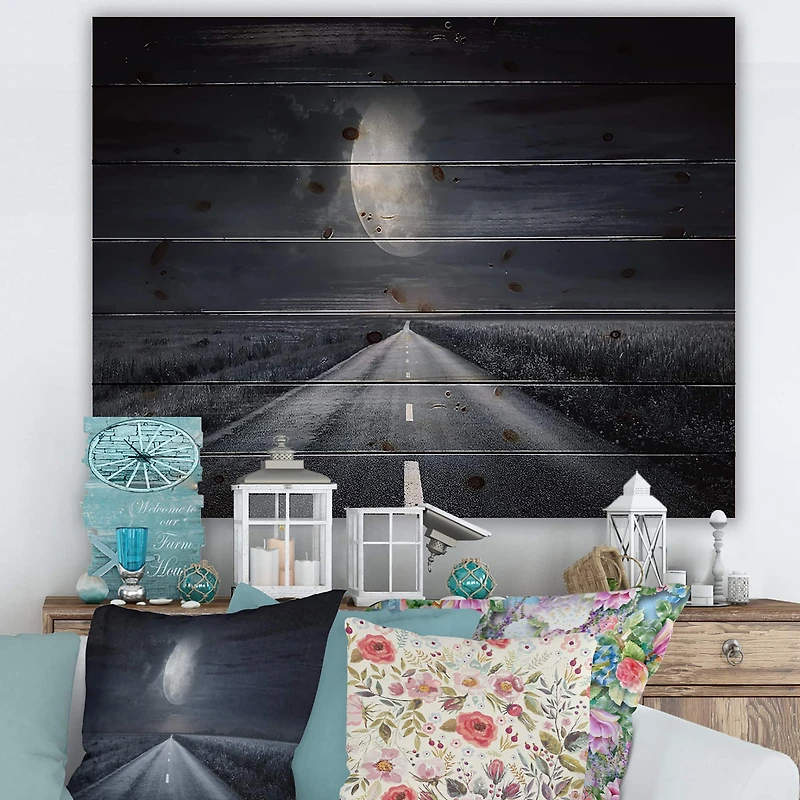 Designart - Asphalt Road Under Cloudy Full Moon III