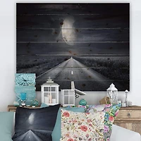 Designart - Asphalt Road Under Cloudy Full Moon III