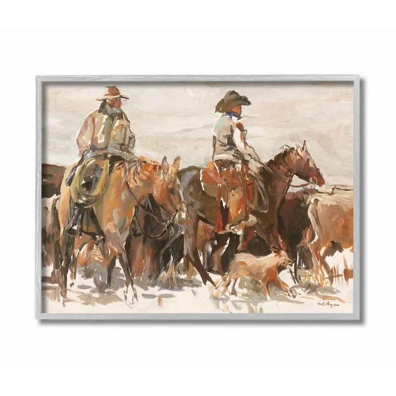 Stupell Industries Cowboys And Horses Farm Western Painting in Gray Frame Wall Art