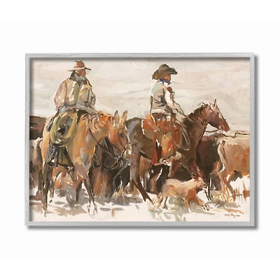 Stupell Industries Cowboys And Horses Farm Western Painting in Gray Frame Wall Art