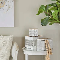 White Metal Laser Cut Metal Decorative Jars with Carved Wood Lids Set