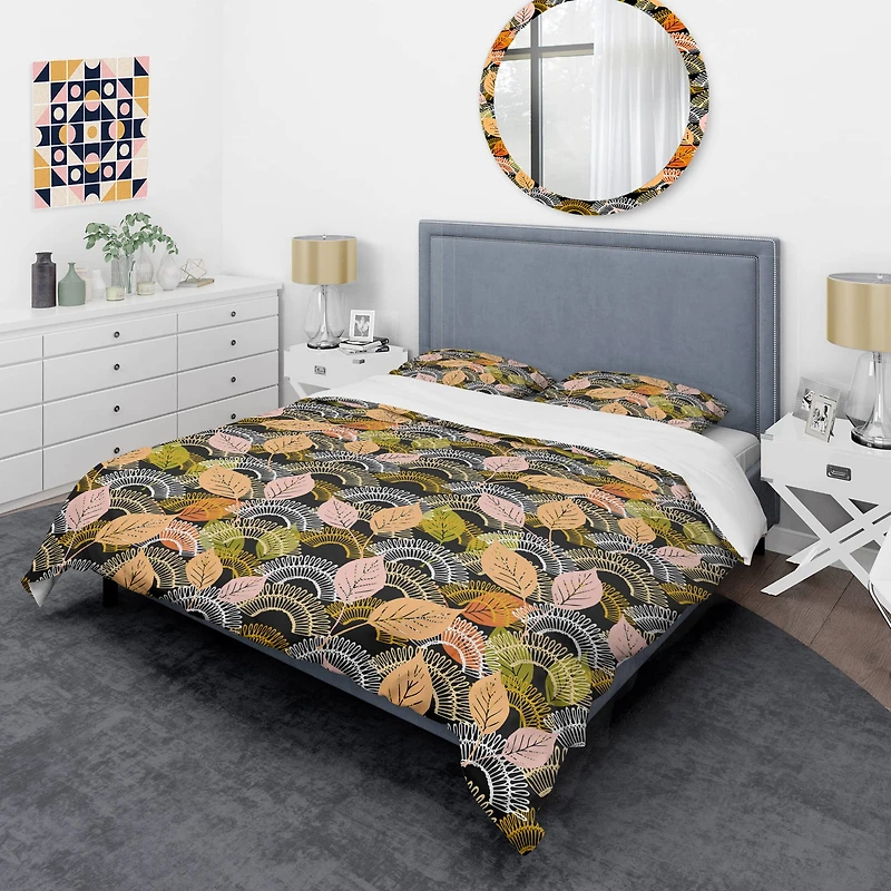 Designart 'Autumn leaves lace textured pattern' Mid-Century Duvet Cover Set