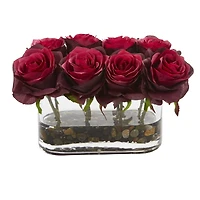 5.5" Burgundy Blooming Roses Arrangement in Glass Vase