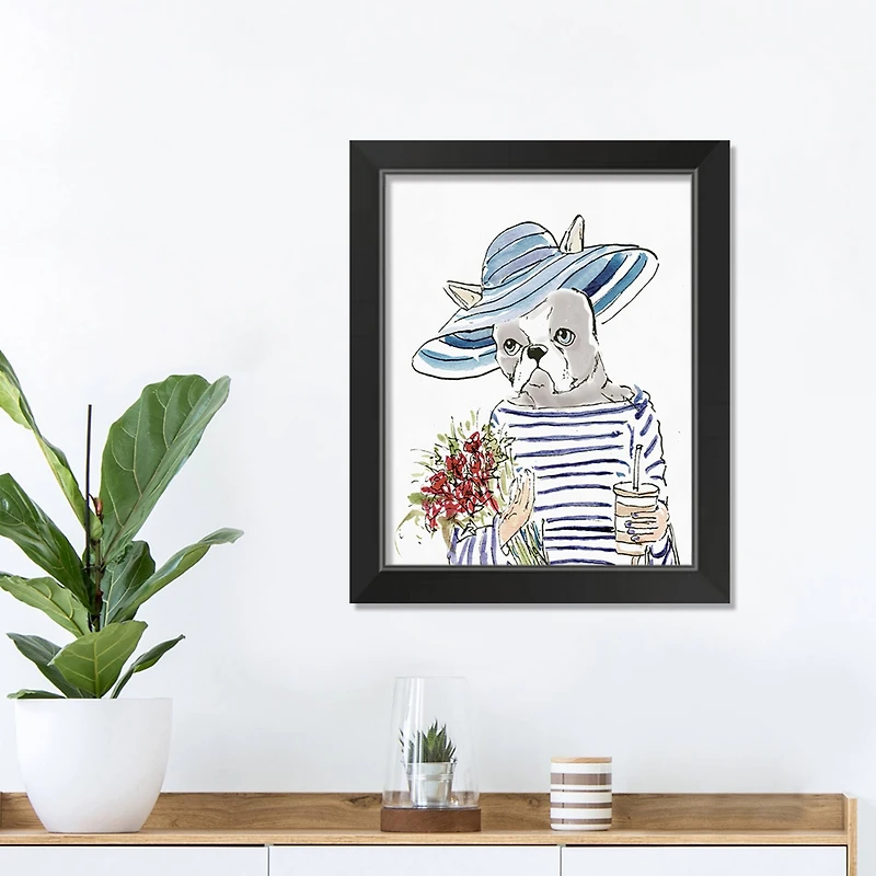 Blue Stripe Hat Fashion Frenchie 1 11" x 14" Black Framed Print Under Plexiglass