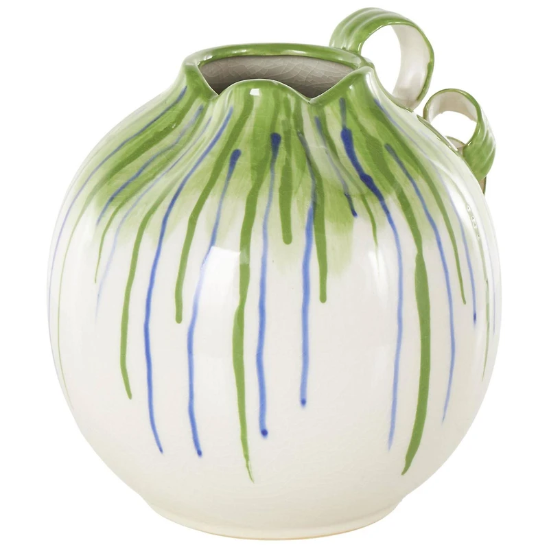 10.5" White Ceramic Vase with Green & Blue Drip Design & Handles