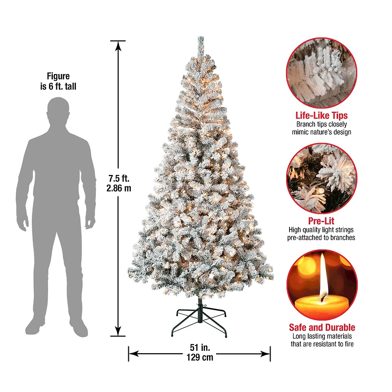 7.5ft Pre-Lit Acacia Flocked Artificial Christmas Tree, Clear Lights